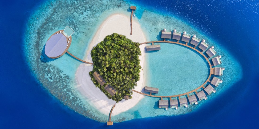 Aerial view of an exclusive and sustainable resort in the Maldives which is carbon nuetral
