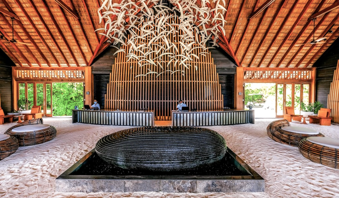 Vacation getaway lobby design with relaxing fountain and natural feature hanging sculpture