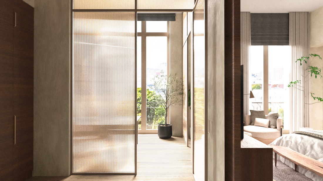 Contemporary bedroom design with the use of raw woods, fluted glass, and natural textures.